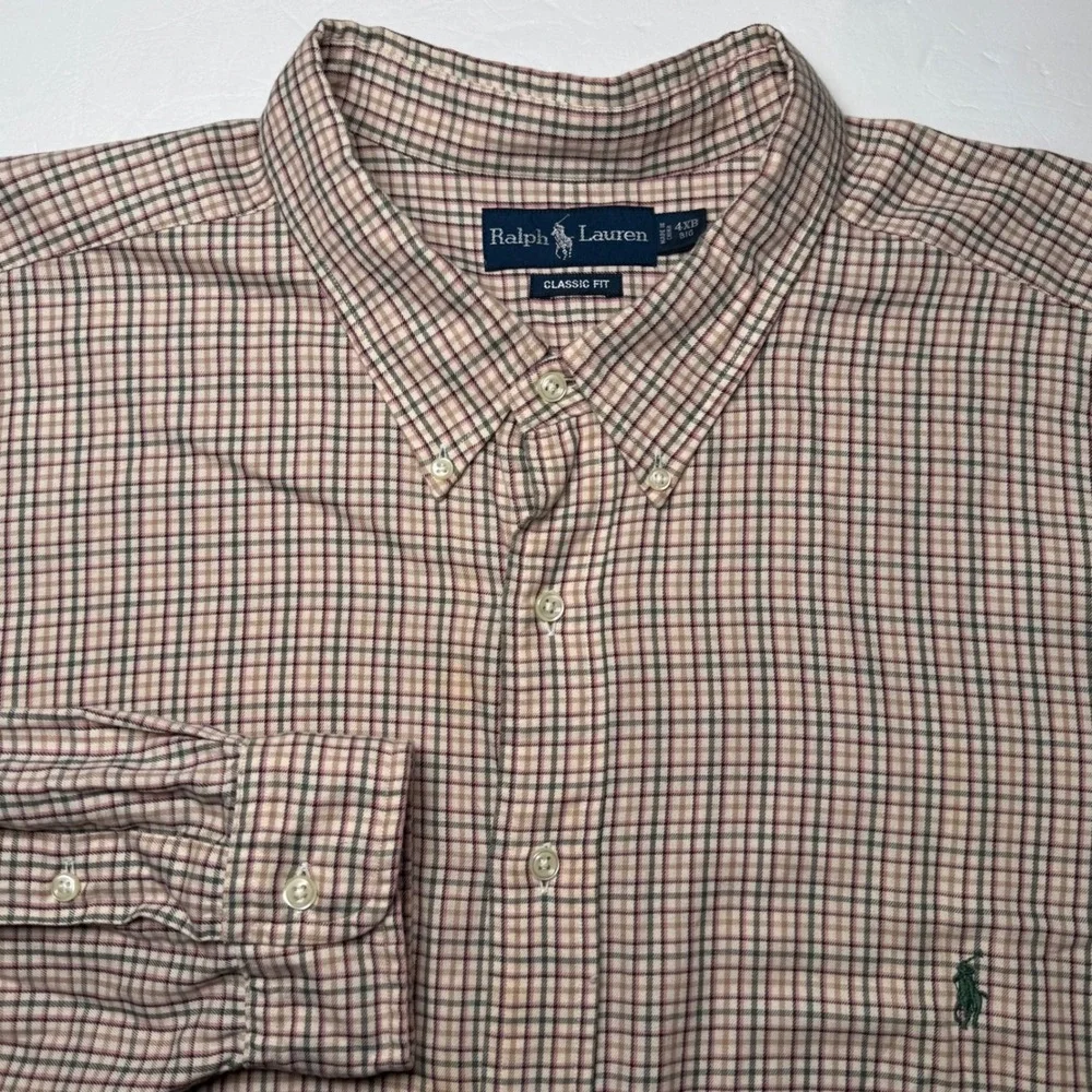 Vintage Polo Ralph Lauren Shirt Men 4XB Biege Pink Plaid Classic Fit Cotton Big